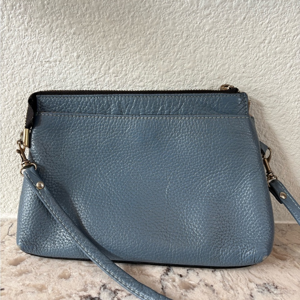 Pebbled Leather Crossbody Bag in Dusty Blue with Adjustable Strap - Picture 3 of 8